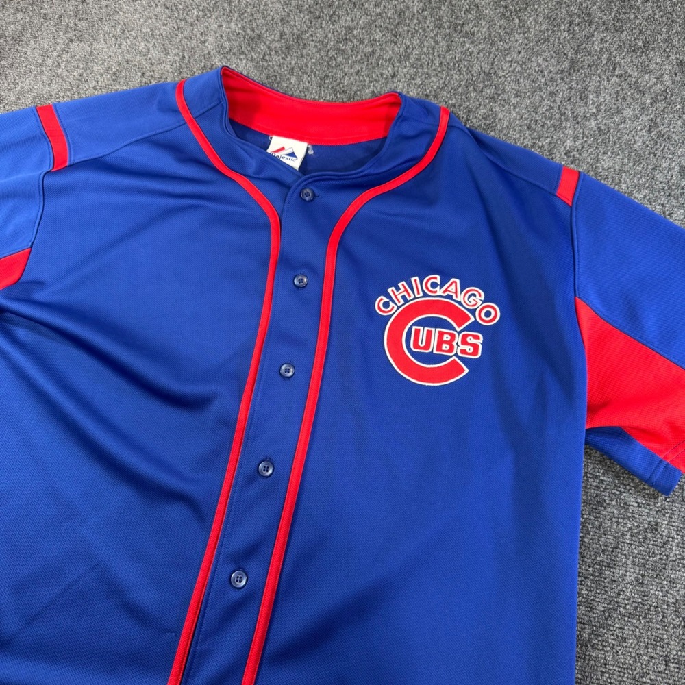 Majestic Chicago Cubs MLB Baseball Jersey Blue Red‎ Button Front Mens XL